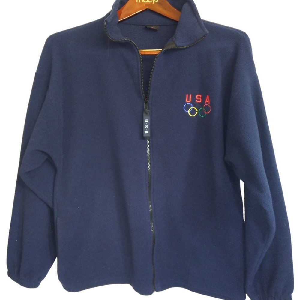 VTG USA Olympics Blue Fleece Unisex Zip Jacket Size Large Embroidered Team USA